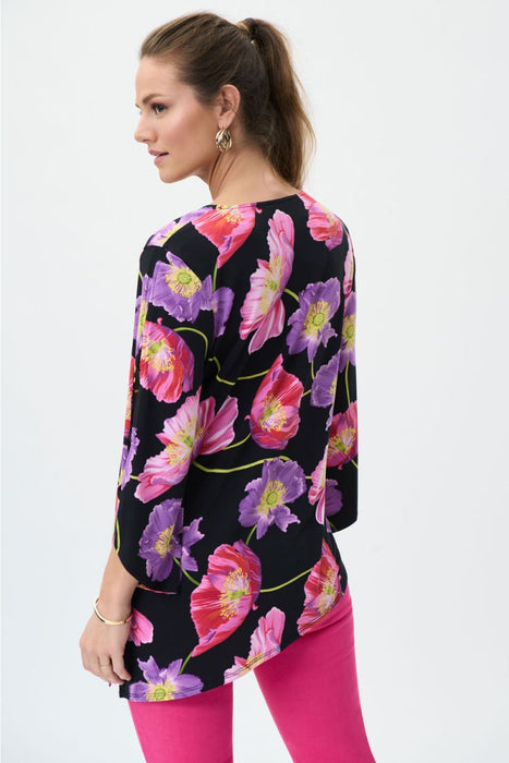 Joseph Ribkoff Black/Multi Floral Print Cutout Sleeve Asymmetric Top 231305 NEW