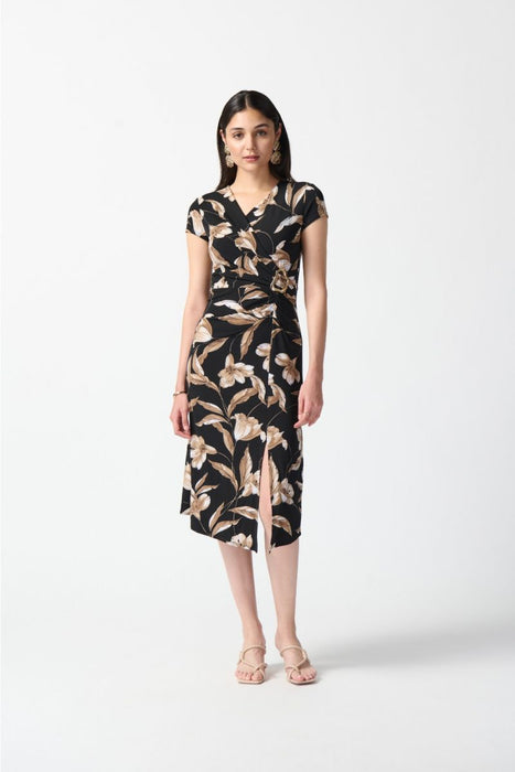 Joseph Ribkoff Style 242190 Black/Multi Floral Print Faux Wrap Midi A-Line Dress