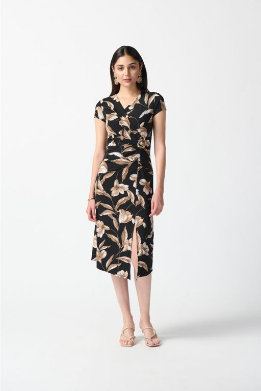 Joseph Ribkoff Style 242190 Black/Multi Floral Print Faux Wrap Midi A-Line Dress