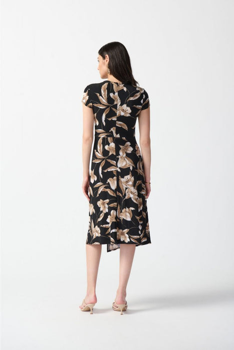 Joseph Ribkoff Black/Multi Floral Print Faux Wrap Midi A-Line Dress 242190