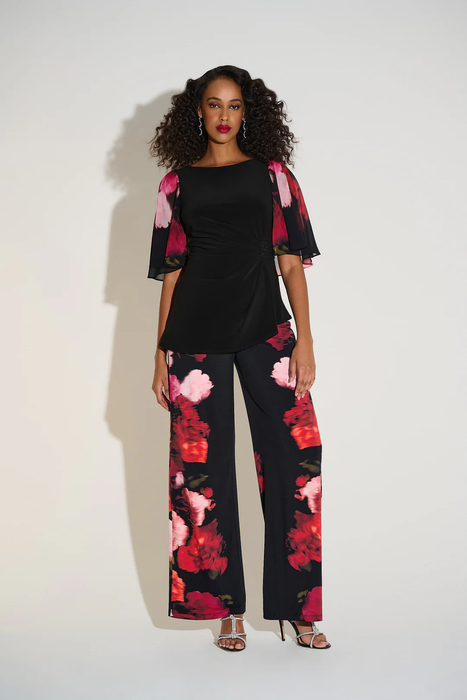 Joseph Ribkoff Black/Multi Floral Print Pull-On Wide Leg Pants 253767