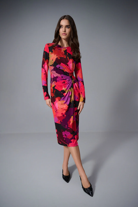 Joseph Ribkoff Black/Multi Floral Print Scoop Neck Long Sleeves Sheath Dress 253279
