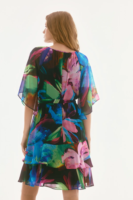 Joseph Ribkoff Black/Multi Floral Print Tiered Ruffle Chiffon Dress 251757