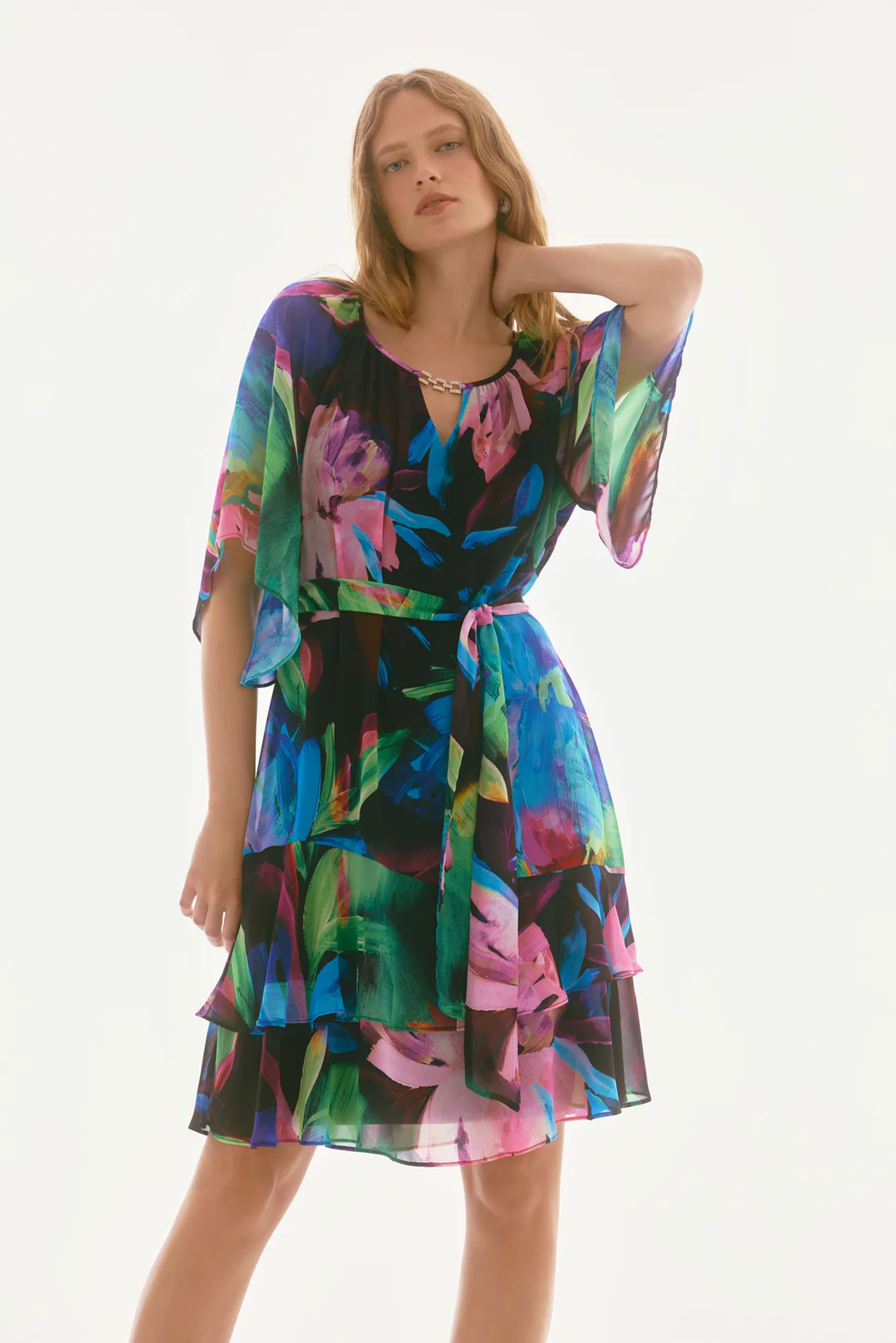 Joseph Ribkoff Black/Multi Floral Print Tiered Ruffle Chiffon Dress 25 ...