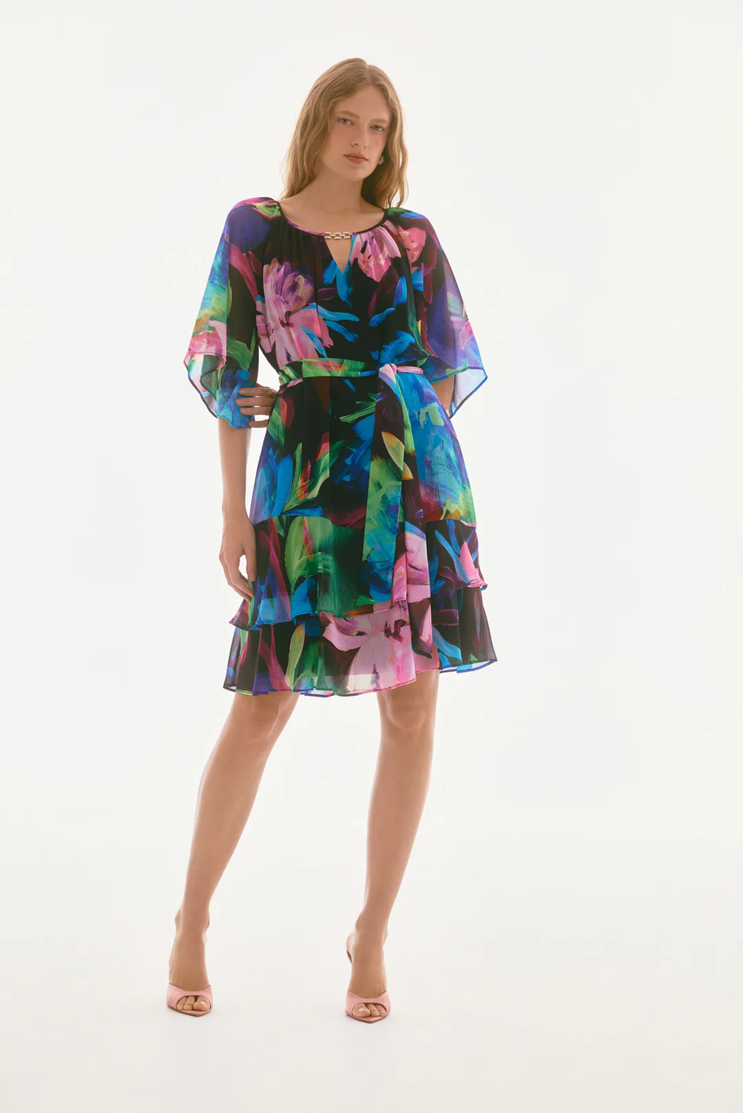 Joseph Ribkoff Black/Multi Floral Print Tiered Ruffle Chiffon Dress 25 ...