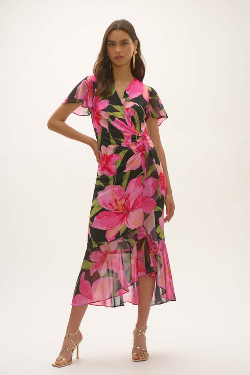 Joseph Ribkoff Style 252714 Black/Multi Floral Ruched Chiffon Midi Dress
