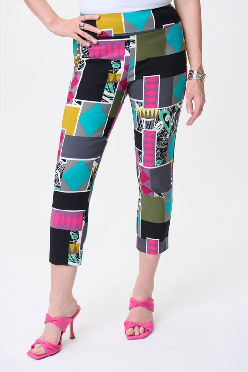 Joseph Ribkoff Style 231253 Black/Multi Geometric Patchwork Print Pull On Capri Pants