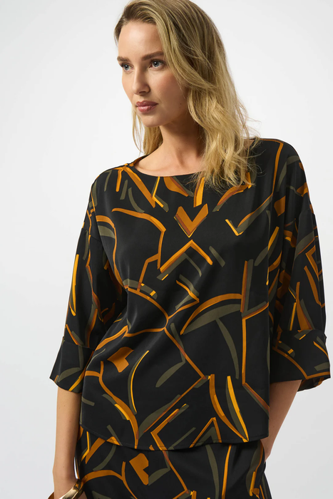 Joseph Ribkoff 253238 Black/Multi Geometric Print 3/4 Sleeve Boxy Top