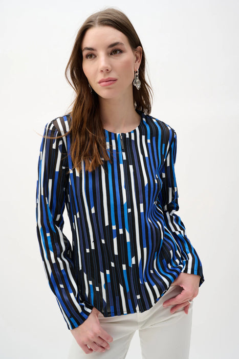 Woman wearing Joseph Ribkoff black multi geometric print fitted zip jacket