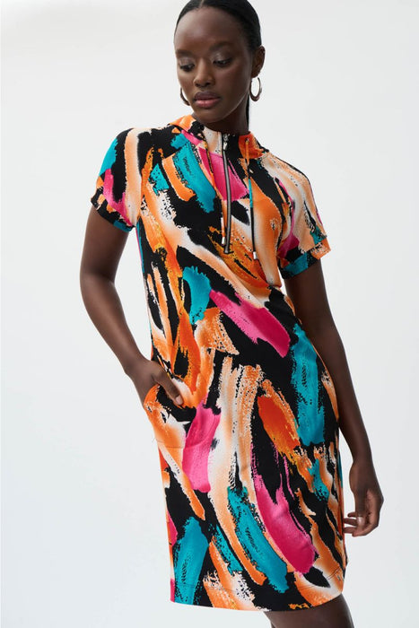 Joseph Ribkoff Black/Multi Geometric Print Hooded Sheath Dress 231201 NEW