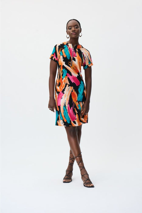 Joseph Ribkoff Style 231201 Black/Multi Geometric Print Hooded Sheath Dress