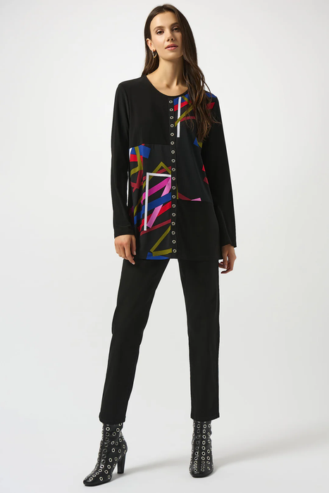 Joseph Ribkoff Black/Multi Geometric Print Long Sleeve Tunic Top 253172
