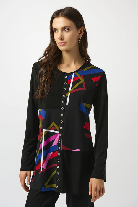 Joseph Ribkoff 253172 Black/Multi Geometric Print Long Sleeve Tunic Top