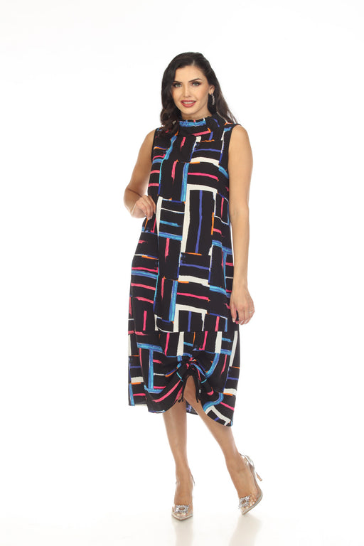 Joseph Ribkoff Style 232107 Black/Multi Geometric Print Stand Collar Sleeveless Shift Dress