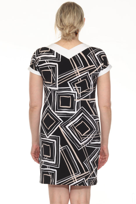 Joseph Ribkoff Black/Multi Geometric Print V-Neck Shift Dress 251039