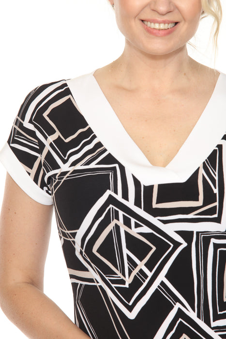 Joseph Ribkoff Black/Multi Geometric Print V-Neck Shift Dress 251039