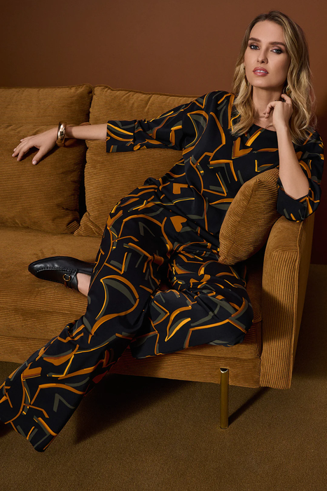 Joseph Ribkoff Black/Multi Geometric Print Wide Leg Pants 253239