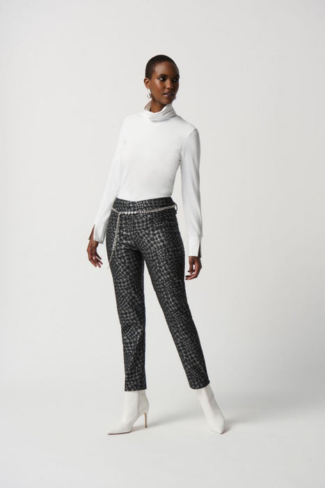 Joseph Ribkoff Black/Multi Houndstooth Belted Pull On Cropped Pants 234101 NEW