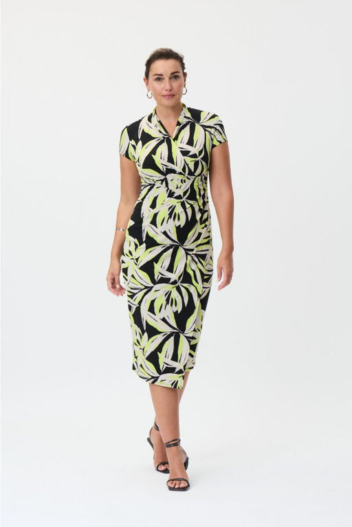 Joseph Ribkoff Style 232040 Black/Multi Leaf Print Ruched Faux Wrap Midi Dress