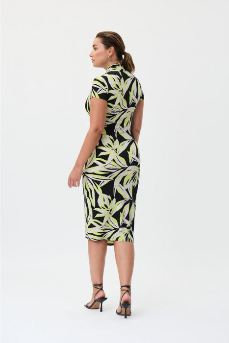 Joseph Ribkoff Black/Multi Leaf Print Ruched Faux Wrap Midi Dress 232040