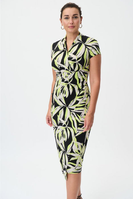 Joseph Ribkoff Black/Multi Leaf Print Ruched Faux Wrap Midi Dress 232040