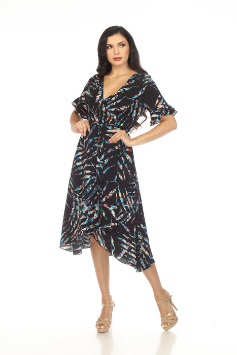 Joseph Ribkoff Style 231187 Black/Multi Palm Leaf Print Belted Faux Wrap Midi Dress