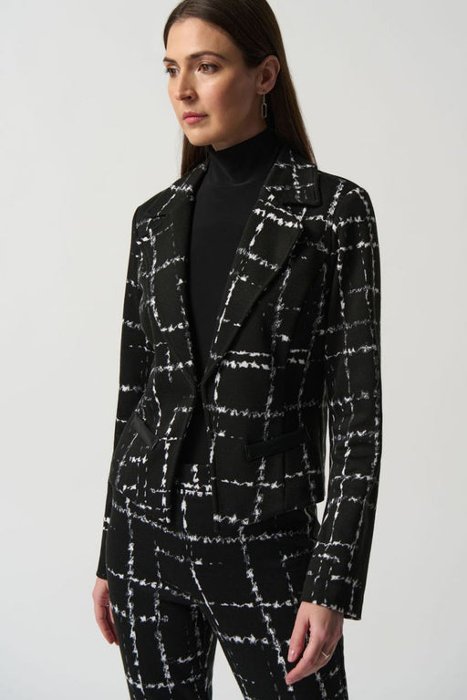 Joseph Ribkoff Style 233218 Black/Multi Plaid Faux Leather Trim Long Sleeve Jacket