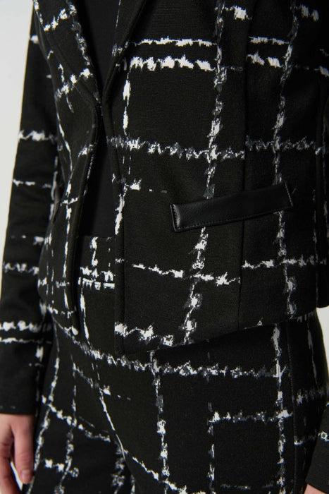 Joseph Ribkoff Black/Multi Plaid Faux Leather Trim Long Sleeve Jacket 233218