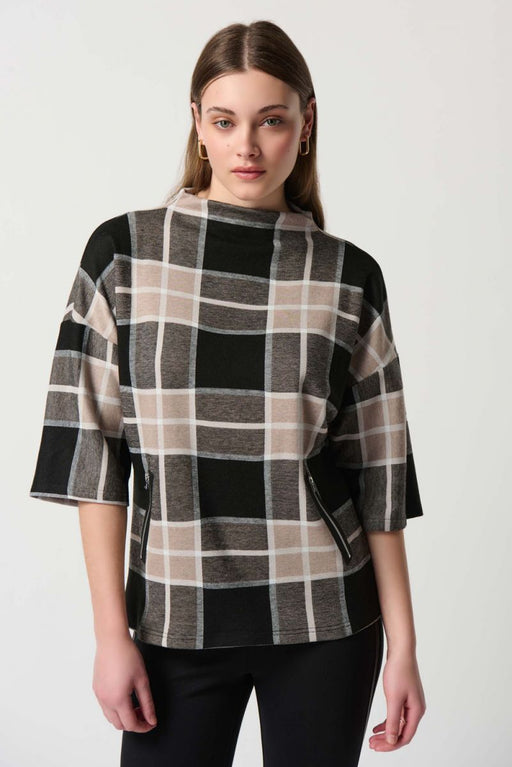 Joseph Ribkoff Style 234133 Black/Multi Plaid Mock Neck 3/4 Sleeve Boxy Sweater Top
