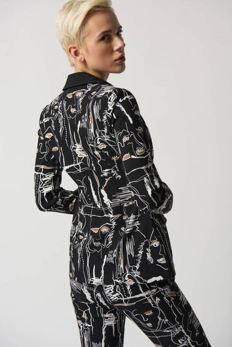 Joseph Ribkoff Black/Multi Abstract Face Print Zip-Up Blazer Jacket 233013