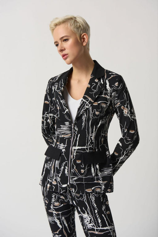 Joseph Ribkoff Style 233013 Black/Multi Abstract Face Print Zip-Up Blazer Jacket