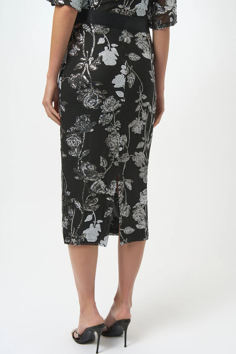 Joseph Ribkoff Black/Multi Sequined Floral Mesh Midi Pencil Skirt 254182