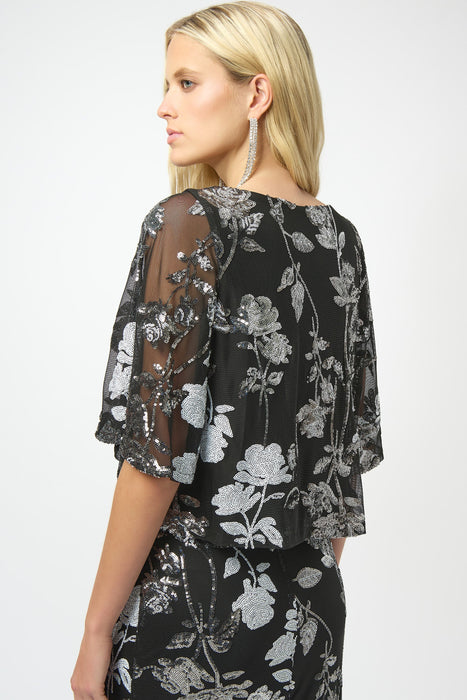 Joseph Ribkoff Black/Multi Sequined Floral Mesh Top 254181