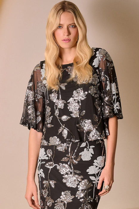 Joseph Ribkoff Black/Multi Sequined Floral Mesh Top 254181