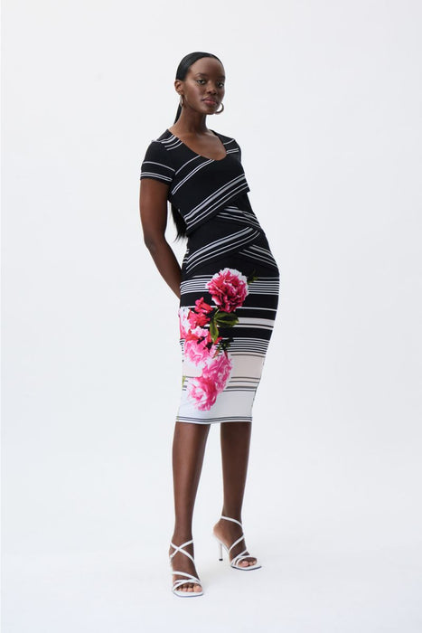Joseph Ribkoff Style 231073 Black/Multi Tiered Floral Stripes Short Sleeve Sheath Dress