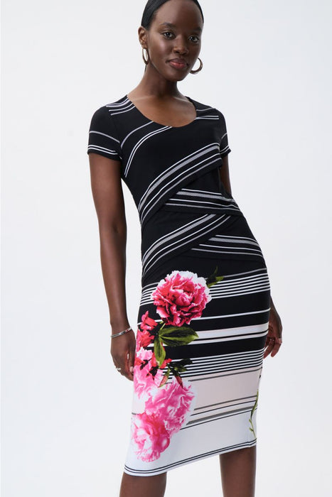 Joseph Ribkoff Black/Multi Tiered Floral Stripes Short Sleeve Sheath Dress 231073 NEW