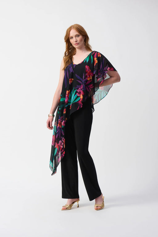Joseph Ribkoff Style 251152 Black/Multi Tropical Chiffon Overlay Jumpsuit