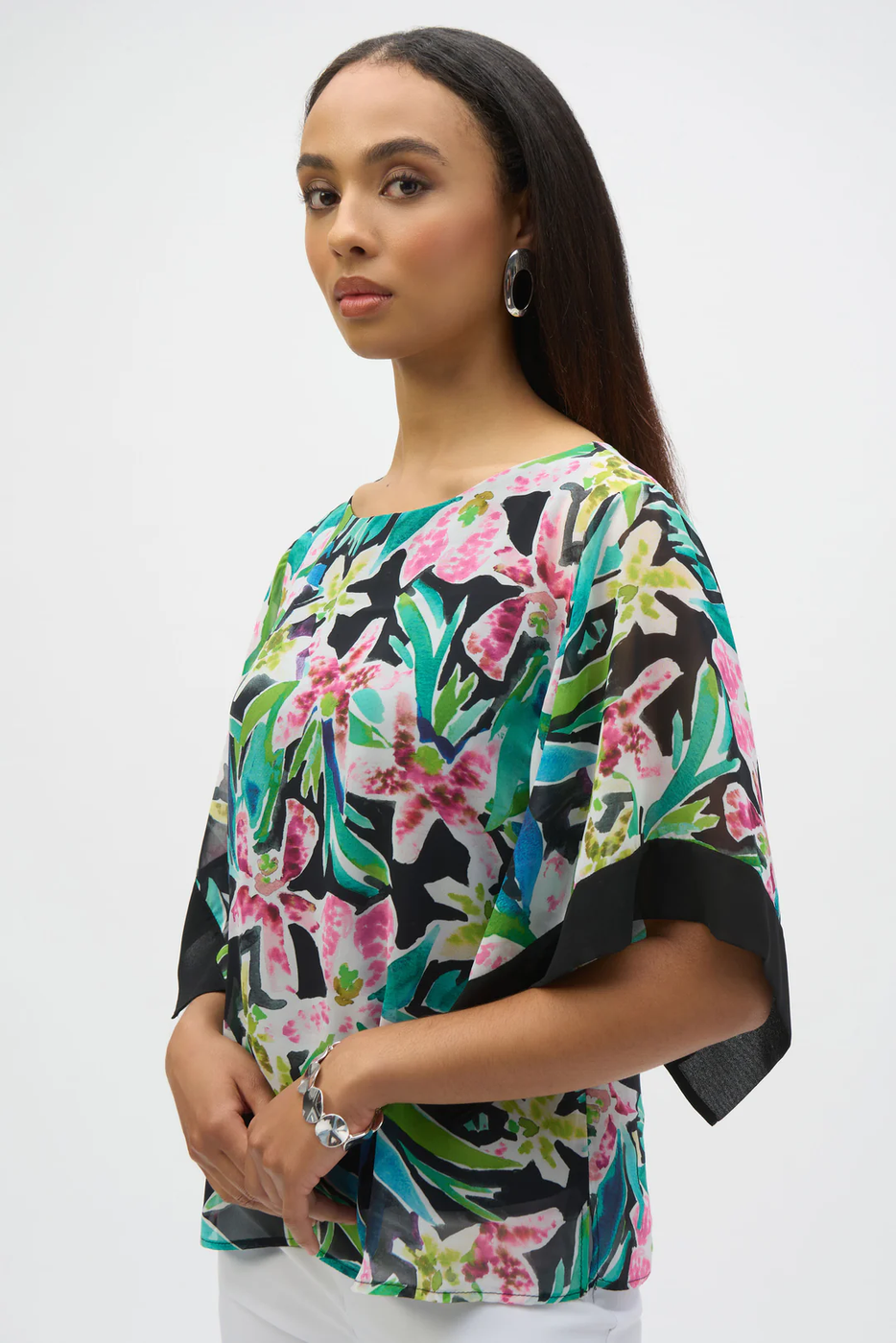 Joseph Ribkoff Black/Multi Tropical Print Chiffon Top 252126 — AfterRetail
