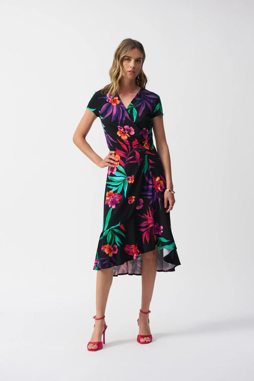 Joseph Ribkoff Style 251011 Black/Multi Tropical Print Faux Wrap Midi Dress