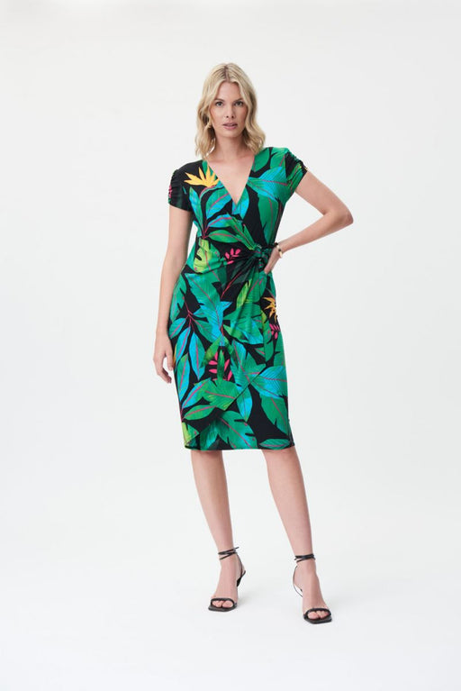 Joseph Ribkoff Style 232162 Black/Multi Tropical Print Ruched Sleeve Faux Wrap Dress