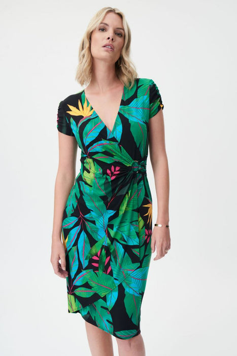 Joseph Ribkoff Black/Multi Tropical Print Ruched Sleeve Faux Wrap Dress 232162