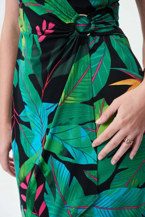 Joseph Ribkoff Black/Multi Tropical Print Ruched Sleeve Faux Wrap Dress 232162