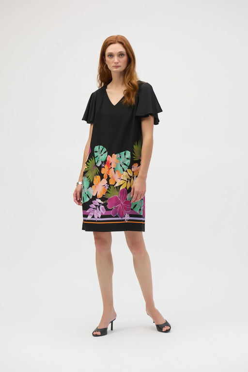 Joseph Ribkoff Style 252151 Black/Multi Tropical Print V-Neck Shift Dress