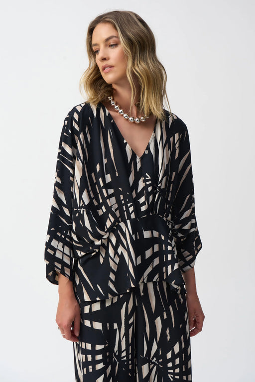 Joseph Ribkoff Style 251047 Black/Multi Tropical Print V-Neck Peplum Top