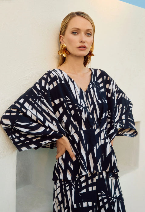 Joseph Ribkoff Black/Multi Tropical Print V-Neck Peplum Top 251047