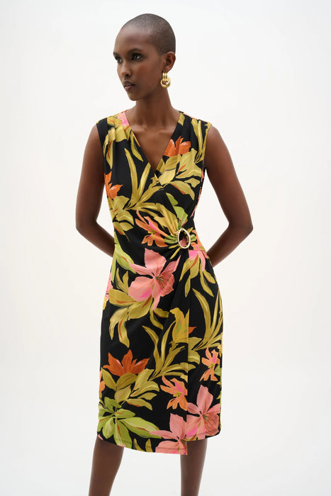 Joseph Ribkoff Black/Multi Floral Tropical Print Wrap Dress 262108