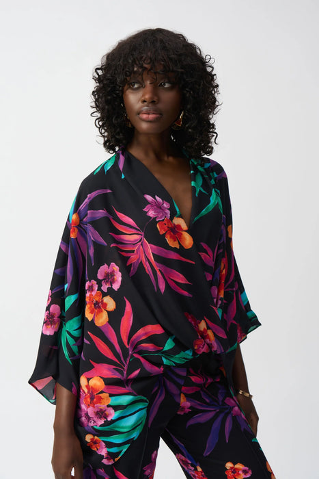 Joseph Ribkoff Style 251127 Black/Multi Tropical Print Surplice Top