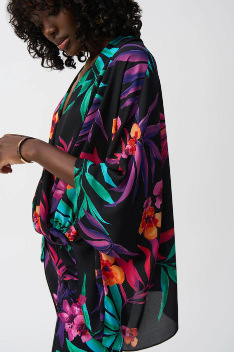 Joseph Ribkoff Black/Multi Tropical Print Surplice Top 251127