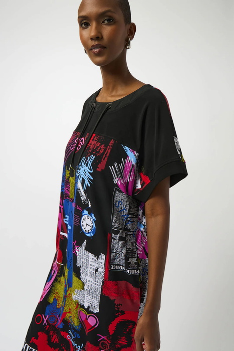 Joseph Ribkoff Black/Multi Word Print Scoop Neck Shft Dress 253032