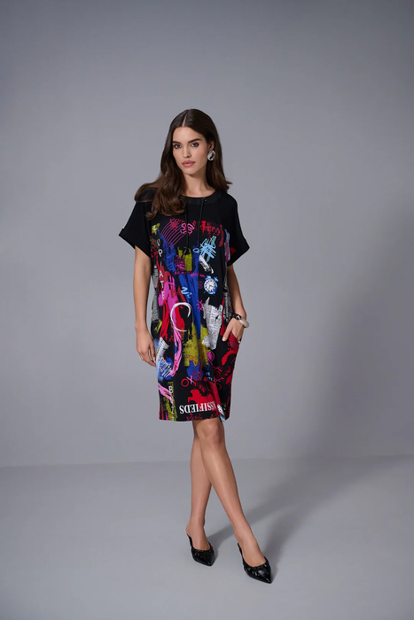 Joseph Ribkoff Black/Multi Word Print Scoop Neck Shft Dress 253032